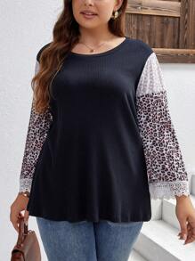 SHEIN LUNE 大碼豹紋印花蕾絲拼接T恤 - 彩色 - 查看 3