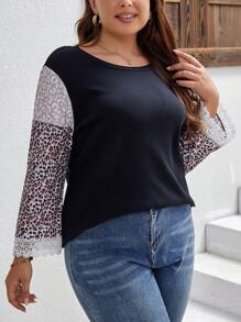 SHEIN LUNE 大碼豹紋印花蕾絲拼接T恤 - 彩色 - 查看 5