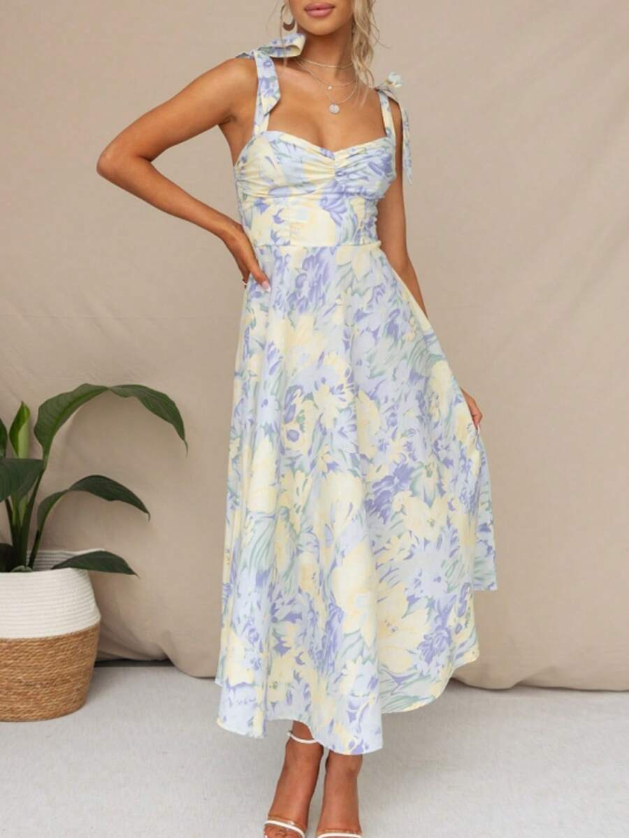 Floral Print Tie Shoulder Cami Dress - Baby Blue - View 1