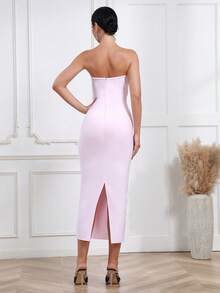 Modphy 性感挖空 開衩 前蝴蝶結撞色女士連衣裙 - 粉色 - 查看 2