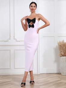 Modphy 性感挖空 開衩 前蝴蝶結撞色女士連衣裙 - 粉色 - 查看 3