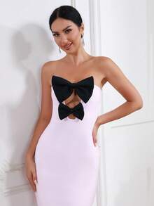 Modphy 性感挖空 開衩 前蝴蝶結撞色女士連衣裙 - 粉色 - 查看 4