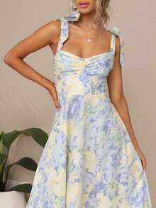 Floral Print Tie Shoulder Cami Dress - Baby Blue - View 5