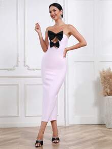 Modphy 性感挖空 開衩 前蝴蝶結撞色女士連衣裙 - 粉色 - 查看 5