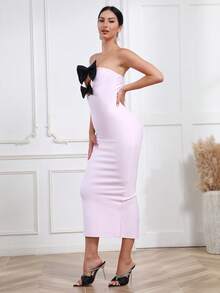 Modphy 性感挖空 開衩 前蝴蝶結撞色女士連衣裙 - 粉色 - 查看 6