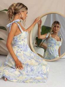 Floral Print Tie Shoulder Cami Dress - Baby Blue - View 7
