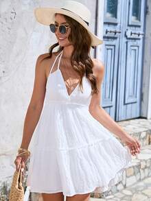 Tie Backless Ruffle Hem Halter Neck Cami Dress - White - View 4