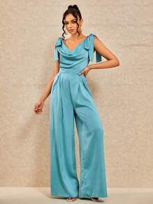 Draped Collar Knot Shoulder Wide Leg Jumpsuit - Cadet Blue - View 1