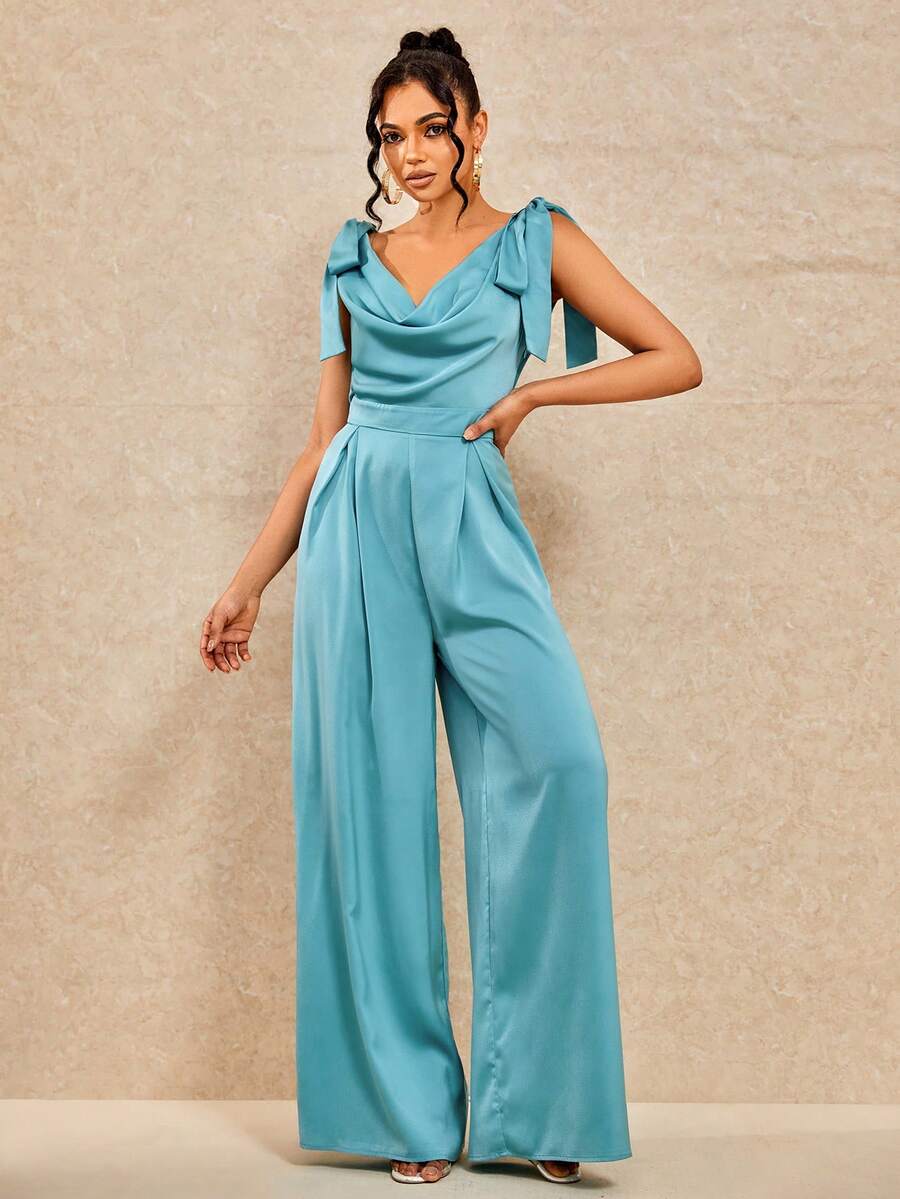 Draped Collar Knot Shoulder Wide Leg Jumpsuit - Cadet Blue - View 1