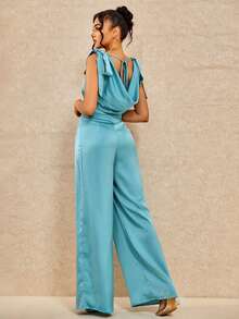 Draped Collar Knot Shoulder Wide Leg Jumpsuit - Cadet Blue - View 2