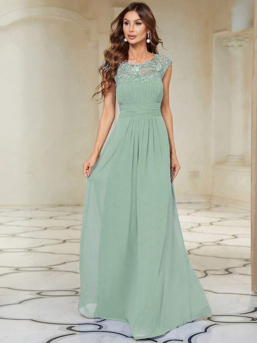 EVERPRETTY Contrast Lace Ruched Chiffon Bridesmaid Dress - Mint Green - View 1