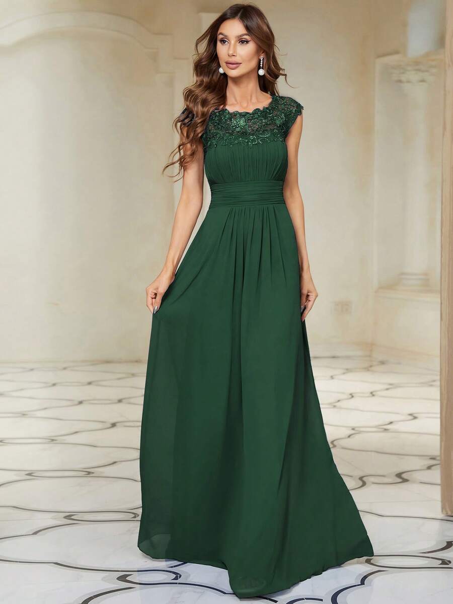 EVERPRETTY Guipure Lace Insert Ruched Chiffon Bridesmaid Dress - Dark Green - View 1