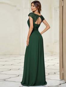 EVERPRETTY Guipure Lace Insert Ruched Chiffon Bridesmaid Dress - Dark Green - View 2