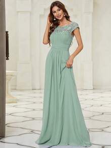 EVERPRETTY Contrast Lace Ruched Chiffon Bridesmaid Dress - Mint Green - View 3