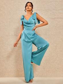Draped Collar Knot Shoulder Wide Leg Jumpsuit - Cadet Blue - View 5