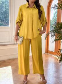 SHEIN LUNE Plus Roll Tab Sleeve Shirt & Wide Leg Pants - Yellow - View 5