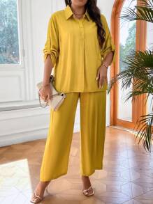 SHEIN LUNE Plus Roll Tab Sleeve Shirt & Wide Leg Pants - Yellow - View 3