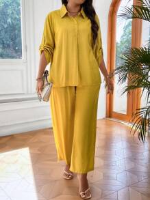 SHEIN LUNE Plus Roll Tab Sleeve Shirt & Wide Leg Pants - Yellow - View 4