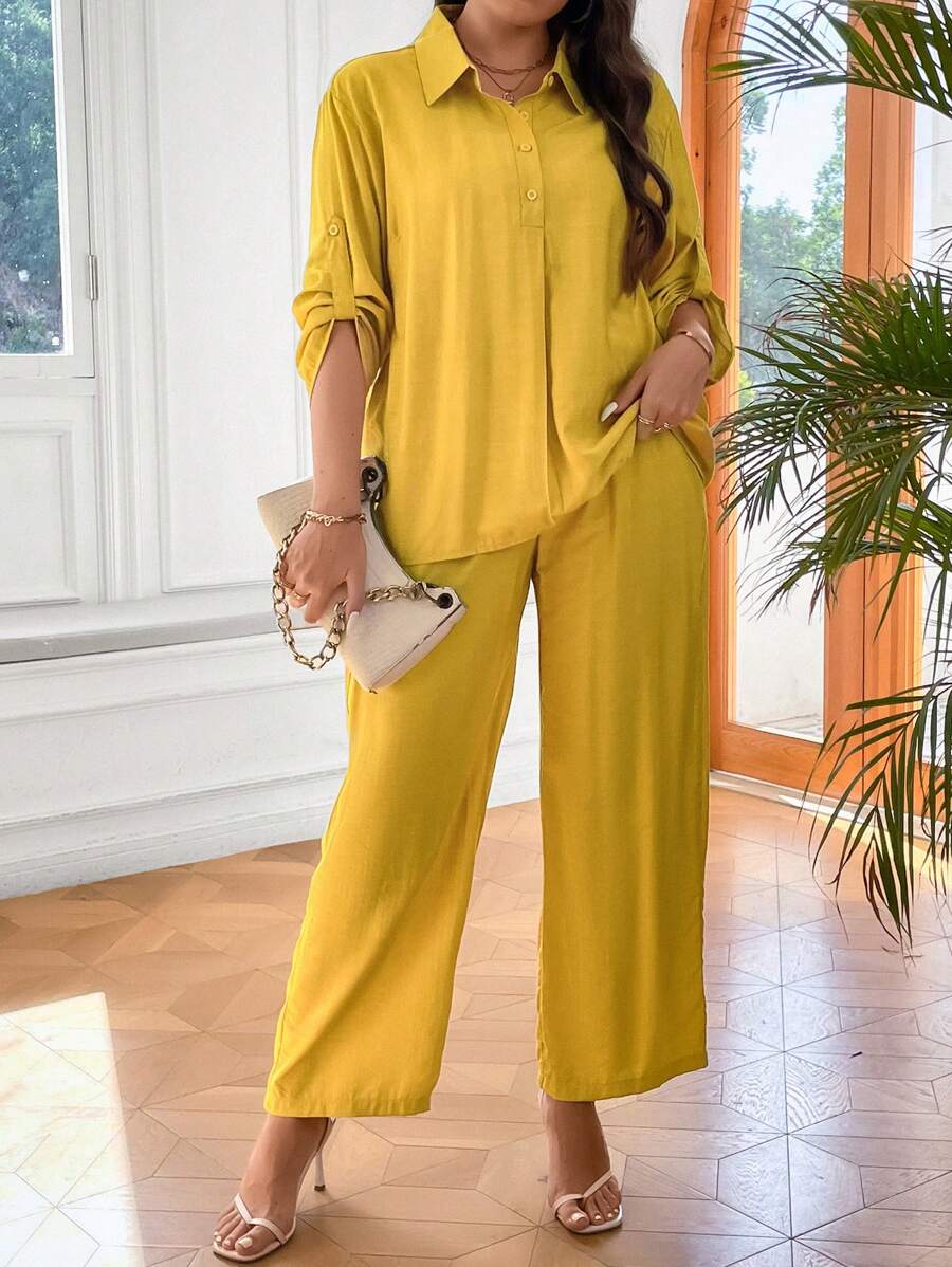 SHEIN LUNE Plus Roll Tab Sleeve Shirt & Wide Leg Pants - Yellow - View 1