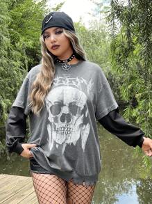 ROMWE PUNK Plus Skull Print Drop Shoulder 2 In 1 Sweatshirt - Grey - View 5