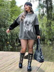ROMWE PUNK Plus Skull Print Drop Shoulder 2 In 1 Sweatshirt - Grey - View 6