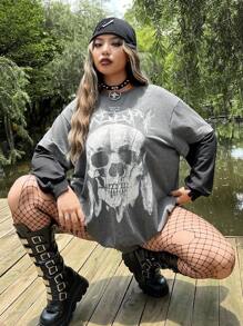ROMWE PUNK Plus Skull Print Drop Shoulder 2 In 1 Sweatshirt - Grey - View 7