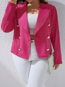 SHEIN LUNE Plus Lapel Neck Double Breasted Blazer - Hot Pink - View 5