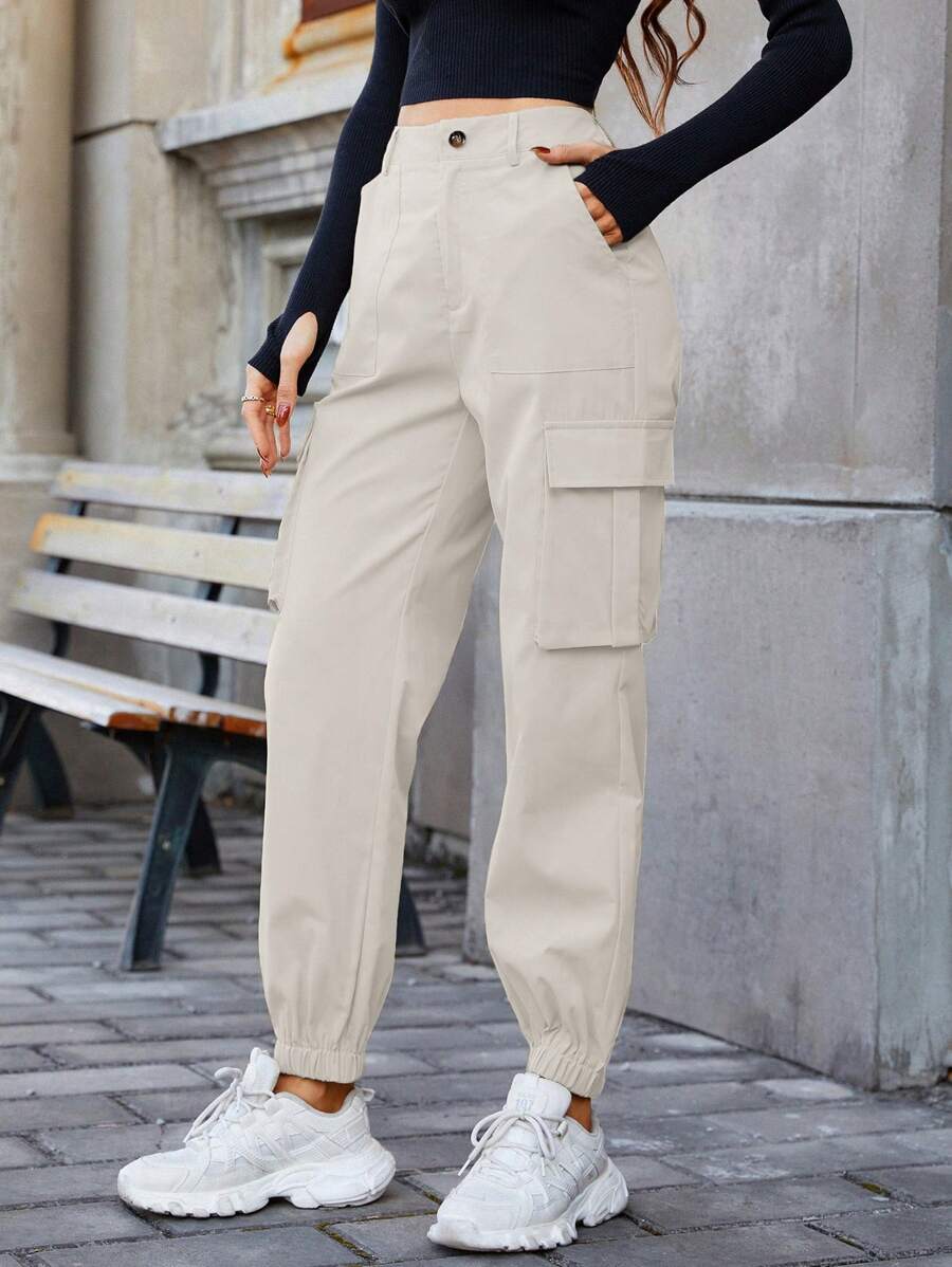 RueChic Flap Pocket Side Cargo Trousers - Apricot - View 1