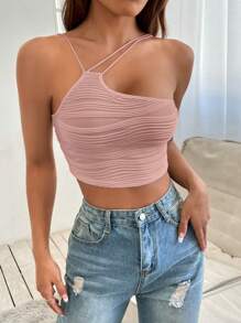 SHEIN PETITE Áo nữ Bất đối xứng màu trơn Giải trí - Hồng - Xem 5