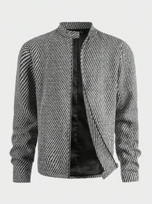 GENTILAND Men Striped Zip Up Tweed Overcoat - Black and White - View 1
