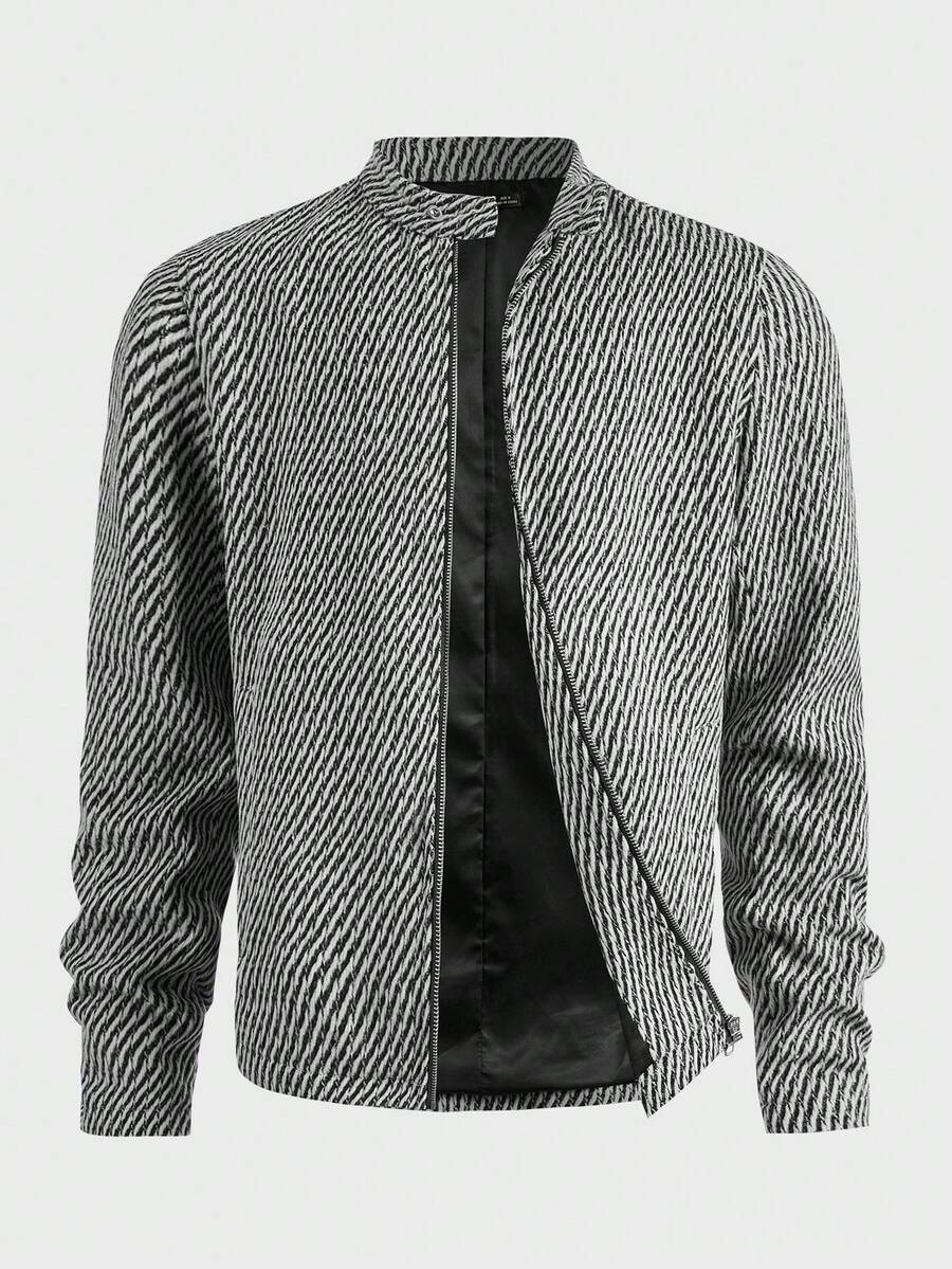 GENTILAND Men Striped Zip Up Tweed Overcoat - Black and White - View 1
