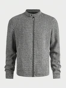 GENTILAND Men Striped Zip Up Tweed Overcoat - Black and White - View 4