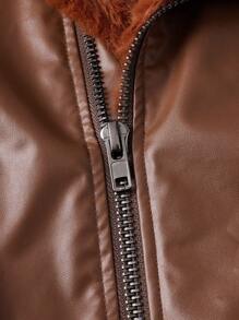 Manfinity VCAY 鬆身男士pu皮革摩托夾克,配有teddy內襯 - 棕色 - 查看 4