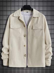 GENTILAND Men Flap Pocket Drop Shoulder Corduroy Jacket Without Tee - Beige - View 2