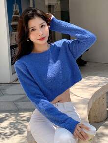 DAZY Chất rắn Vòng cổ Áo len - Màu xanh lam - Xem 6