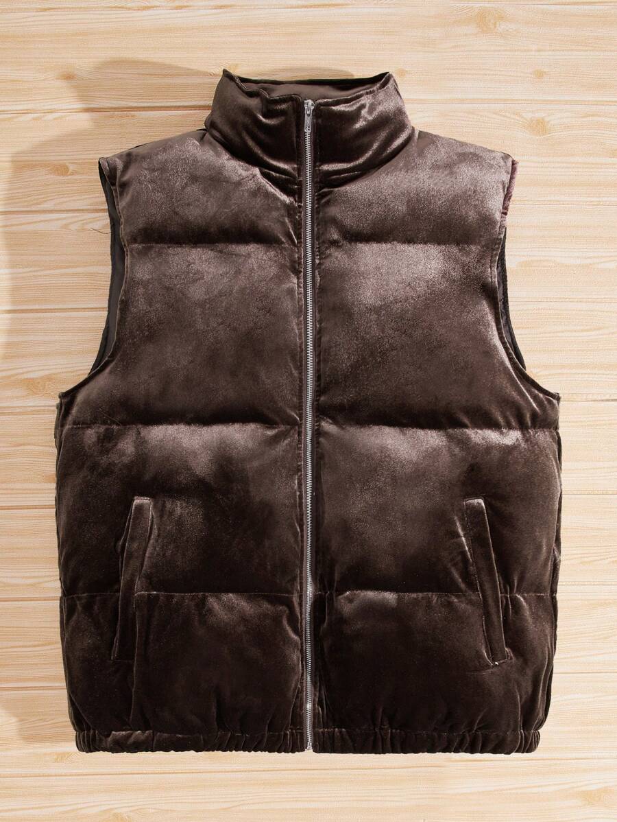 Manfinity VCAY Loose Men Zip Up Velvet Vest Winter Coat - Chocolate Brown - View 1