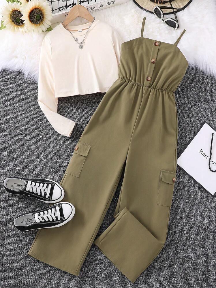 ティーンガール フラップポケットサイド キャミジャンプスーツ & T