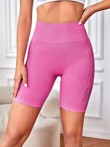 SHEIN Sports 鏤空寬腰帶運動短褲 - 粉色 - 查看 5