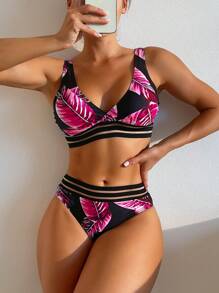 Summer Tropical Print Contrast Mesh Bikini Set - Hot Pink - View 1