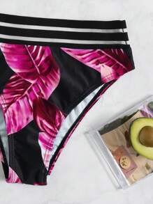 Summer Tropical Print Contrast Mesh Bikini Set - Hot Pink - View 4