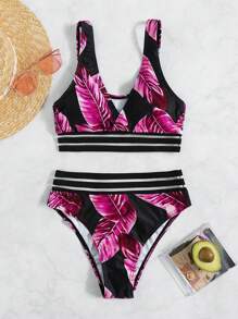 Summer Tropical Print Contrast Mesh Bikini Set - Hot Pink - View 5