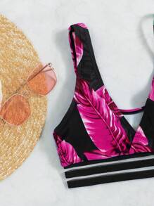 Summer Tropical Print Contrast Mesh Bikini Set - Hot Pink - View 6