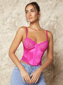SHEIN BAE Hook And Eye Lace Cami Top - Hot Pink - View 3