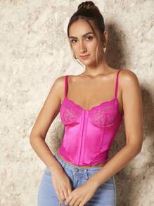 SHEIN BAE Hook And Eye Lace Cami Top - Hot Pink - View 6