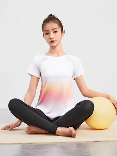 SHEIN Cheerettes オンブレ ラグラン スリーブ カーブヘム スポーツTシャツ ジムウェア レディース