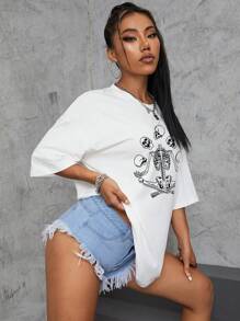 SHEIN EZwear In Bộ xương Thả vai Áo phông Quá khổ - trắng - Xem 5
