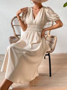 SHEIN Privé 深V領泡泡袖A字連衣裙 - 杏色 - 查看 5