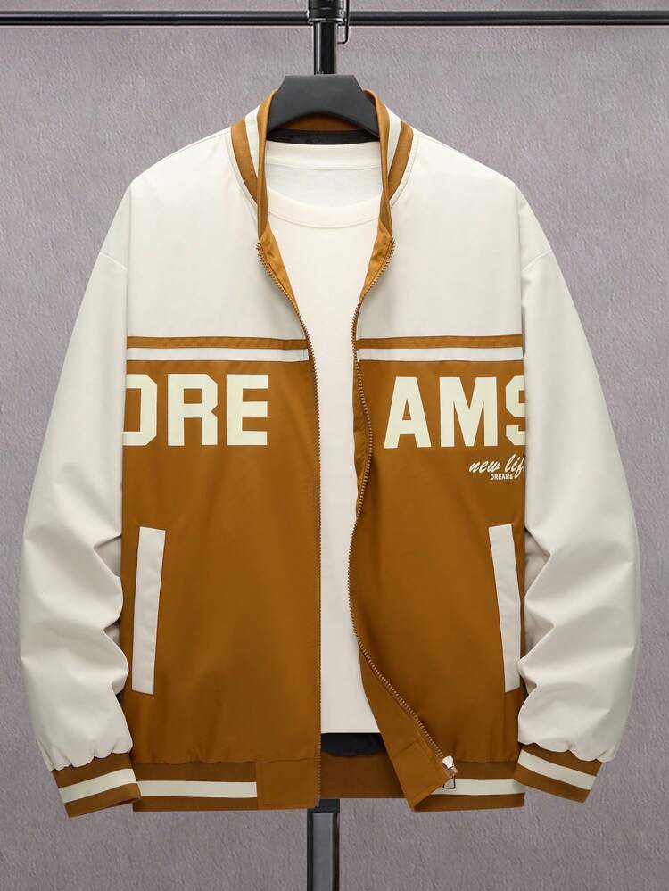 Men's Loose Fit Color Block Letter Print Zipper Jacket Without T-Shirt