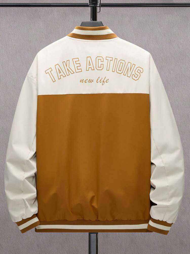 Men's Loose Fit Color Block Letter Print Zipper Jacket Without T-Shirt