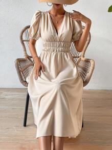 SHEIN Privé 深V領泡泡袖A字連衣裙 - 杏色 - 查看 6